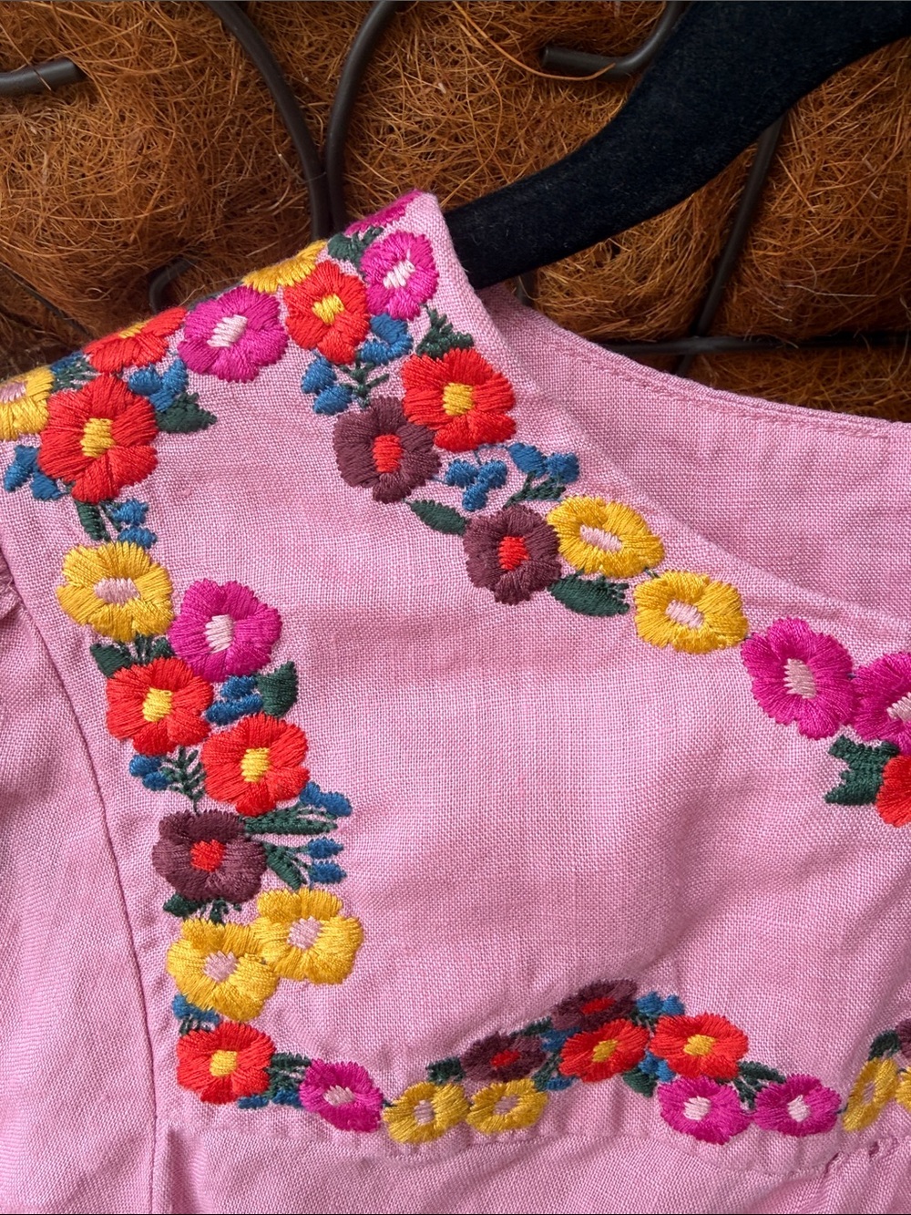 Boden Embroidered Pink Peasant Top with Floral Accents 100% Linen - Picture 6 of 7